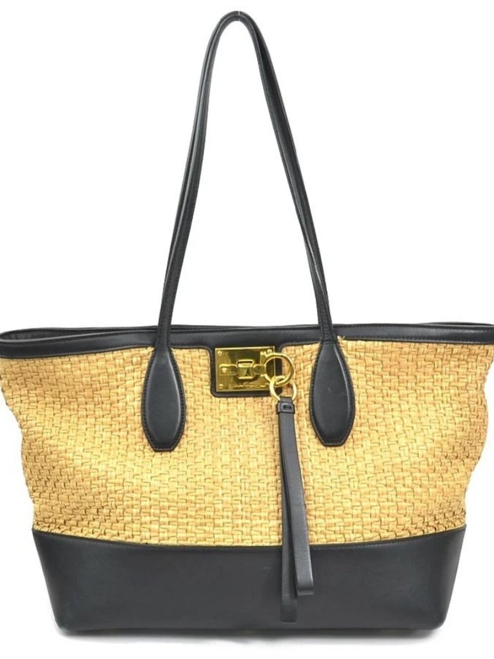 Auth Salvatore Ferragamo Tote Shoulder Bag Black/Natural Leather/Raffia r10762a